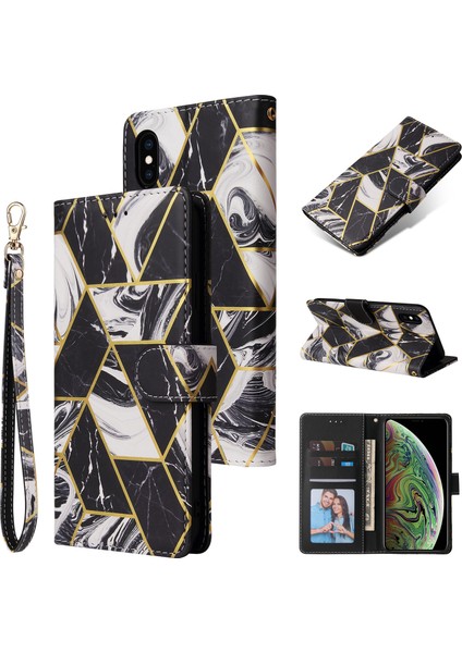 Ile Uyumlu iPhone Xs Max Premium Mermer Vintage Pu Deri Manyetik Kapatma Kılıfı Kayışlı Kapaklı (Yurt Dışından)