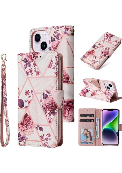 Ile Uyumlu iPhone 14 Plus Premium Mermer Vintage Pu Deri Manyetik Kapatma Kılıfı Kayışlı Kapaklı (Yurt Dışından)