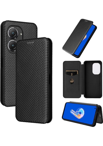 Asus Zenfone 9 Için Kılıf Deri Folio Flip Case Manyetik Karbon Fiber (Yurt Dışından)