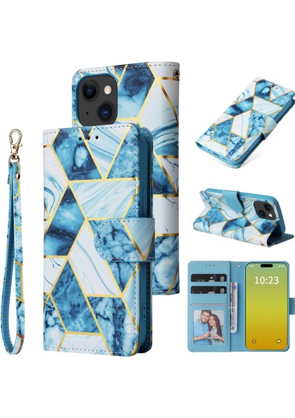 Ile Uyumlu iPhone 15 Plus Premium Mermer Vintage Pu Deri Manyetik Kapatma Kılıfı Kayışlı Kapaklı (Yurt Dışından)