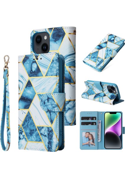Ile Uyumlu iPhone 14 Premium Mermer Vintage Pu Deri Manyetik Kapatma Kılıfı Kayışlı Kapaklı (Yurt Dışından)