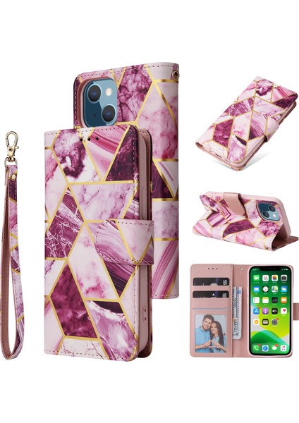 Ile Uyumlu iPhone 13 Premium Mermer Vintage Pu Deri Manyetik Kapatma Kılıfı Kayışlı Kapaklı (Yurt Dışından)