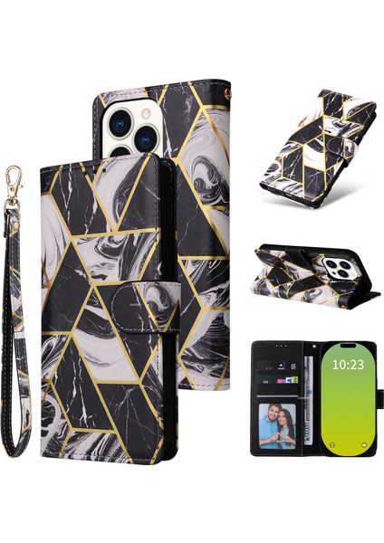 Ile Uyumlu iPhone 15 Pro Premium Mermer Vintage Pu Deri Manyetik Kapatma Kılıfı Kayışlı Kapaklı (Yurt Dışından)