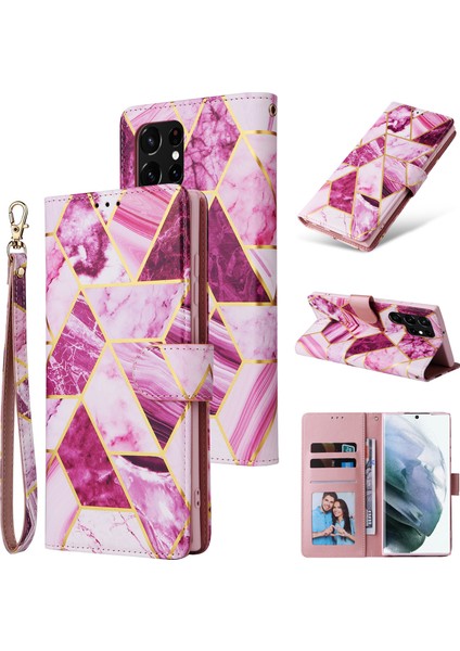 Ile Uyumlu Samsung Galaxy S22 Ultra 5g Premium Mermer Vintage Pu Deri Manyetik Kapatma Kılıfı Kayışlı Kapaklı (Yurt Dışından)