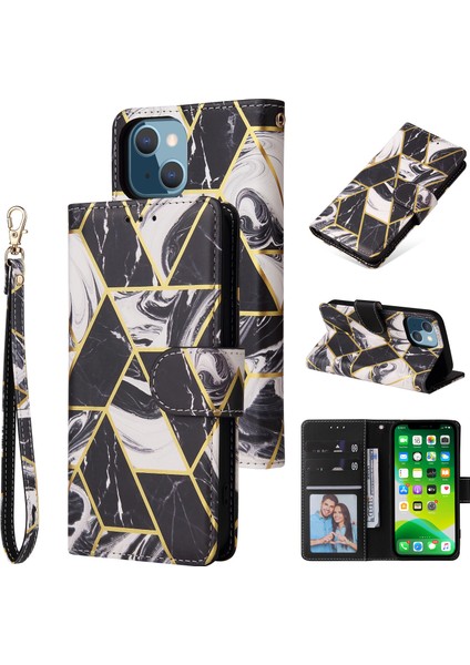Ile Uyumlu iPhone 13 Premium Mermer Vintage Pu Deri Manyetik Kapatma Kılıfı Kayışlı Kapaklı (Yurt Dışından)