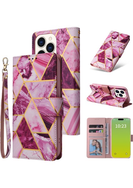 Ile Uyumlu iPhone 15 Pro Max Premium Mermer Vintage Pu Deri Manyetik Kapatma Kılıfı Kayışlı Kapaklı (Yurt Dışından)