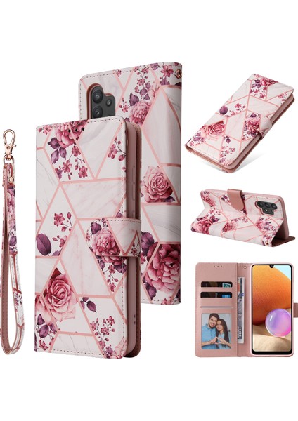 Ile Uyumlu Samsung Galaxy A32 4g Premium Mermer Vintage Pu Deri Manyetik Kapatma Kılıfı Kayışlı Kapaklı (Yurt Dışından)