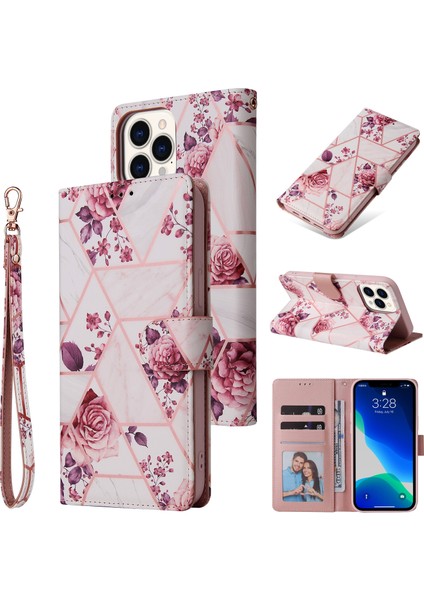 Ile Uyumlu iPhone 13 Pro Premium Mermer Vintage Pu Deri Manyetik Kapatma Kılıfı Kayışlı Kapaklı (Yurt Dışından)
