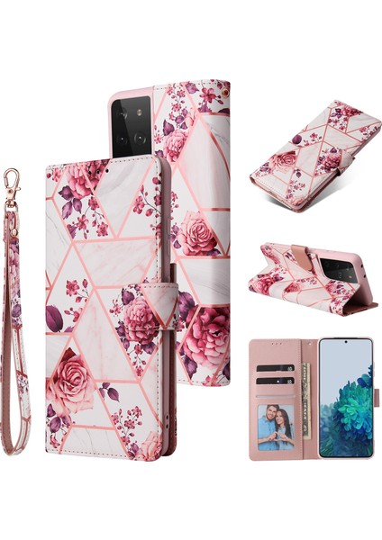 Ile Uyumlu Samsung Galaxy S21 Ultra 5g Premium Mermer Vintage Pu Deri Manyetik Kapatma Kılıfı Kayışlı Kapaklı (Yurt Dışından)