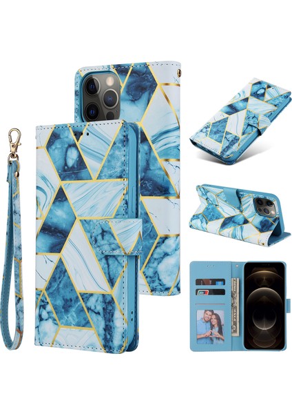 Ile Uyumlu iPhone 12 Pro Max Premium Mermer Vintage Pu Deri Manyetik Kapatma Kılıfı Kayışlı Kapaklı (Yurt Dışından)