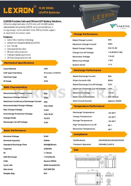 200AH 12.8V Lifepo4 Pil Lityum Akü Lexron