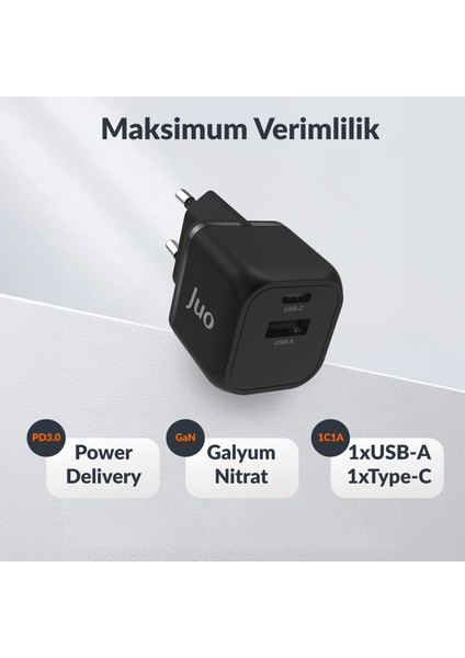 20W Gan Usb-C + Usb-A Şarj Aleti iPhone & iPad & Android Uyumlu Pd Qc4.0 Type-C Hızlı Şarj Cihazı Siyah