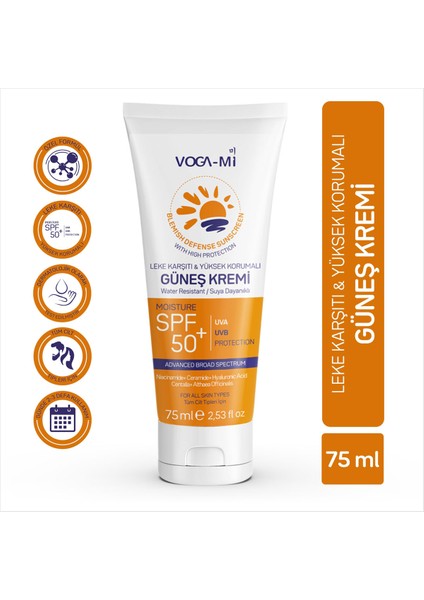 Spf 50 Leke Karşıtı Yüksek Koruyucu Yüz Güneş Kremi Normal ve Kuru Ciltler İçin 75 ml