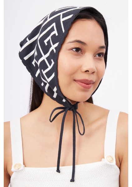 MAZE SCARF Jakarlı Organik Pamuk Kadın Triko Bandana - Antrasit/Ekru