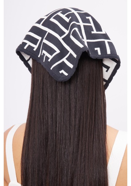 MAZE SCARF Jakarlı Organik Pamuk Kadın Triko Bandana - Antrasit/Ekru fiyatları