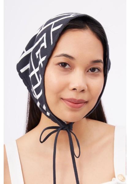 MAZE SCARF Jakarlı Organik Pamuk Kadın Triko Bandana - Antrasit/Ekru modelleri