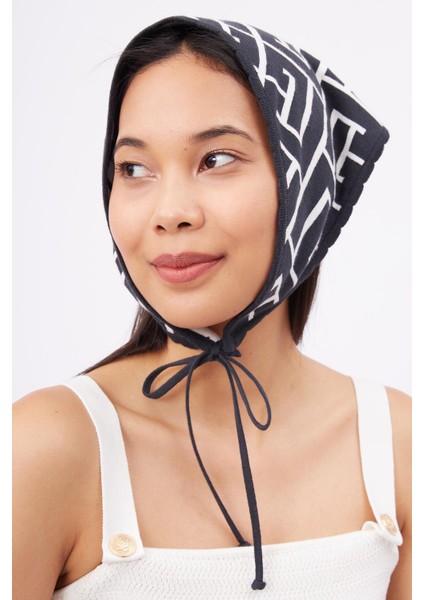 MAZE SCARF Jakarlı Organik Pamuk Kadın Triko Bandana - Antrasit/Ekru fırsatları
