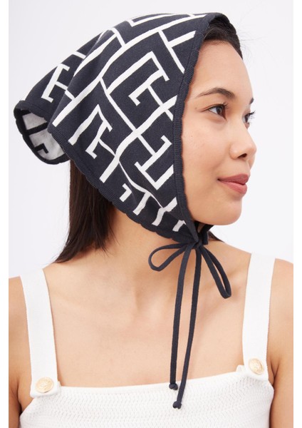 MAZE SCARF Jakarlı Organik Pamuk Kadın Triko Bandana - Antrasit/Ekru indirimleri