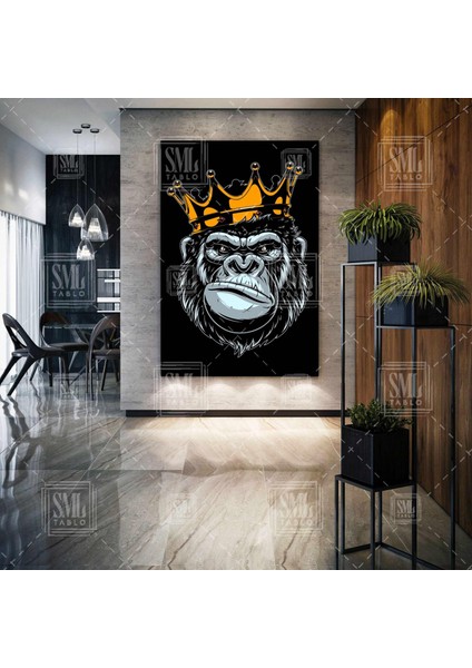 Altın Taçlı Kral Goril Maymun Hayvan Art Dekor Dikey Kanvas Tablo