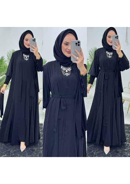 Birinci Kalite Medine Ipeği Kumaştan Kemerli Abaya ve Içlik Elbise Şahane Ikili Takım