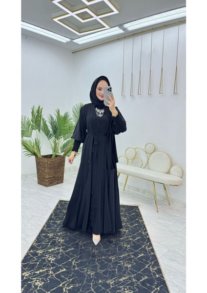 Birinci Kalite Medine Ipeği Kumaştan Kemerli Abaya ve Içlik Elbise Şahane Ikili Takım modelleri