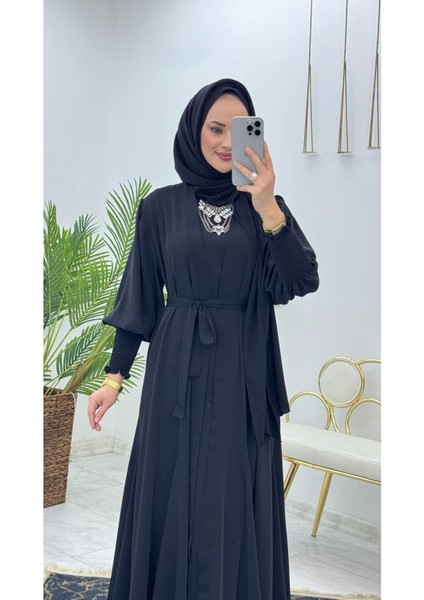 Birinci Kalite Medine Ipeği Kumaştan Kemerli Abaya ve Içlik Elbise Şahane Ikili Takım fırsatları
