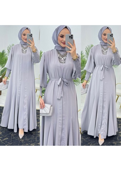 Birinci Kalite Medine Ipeği Kumaştan Kemerli Abaya ve Içlik Elbise Şahane Ikili Takım