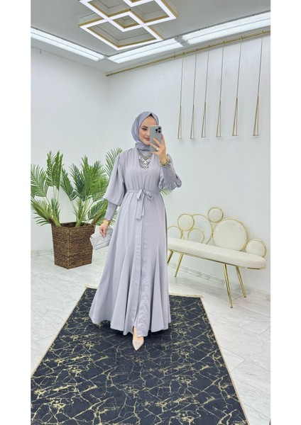 Birinci Kalite Medine Ipeği Kumaştan Kemerli Abaya ve Içlik Elbise Şahane Ikili Takım modelleri