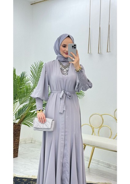 Birinci Kalite Medine Ipeği Kumaştan Kemerli Abaya ve Içlik Elbise Şahane Ikili Takım fırsatları