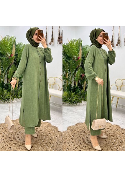 Kadın Pantolon Uzun Düğmeli Tunik Ikili Takım