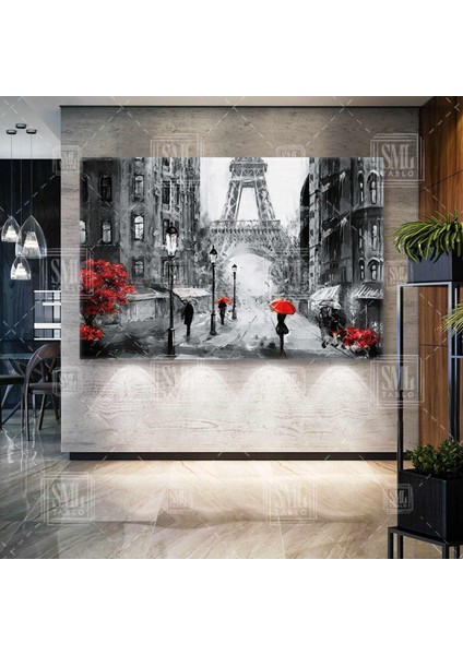 Yağmurda Paris Sokaklarında Yürüyen Insanlar Eyfel Kulesi Fransa Yatay Kanvas Tablo