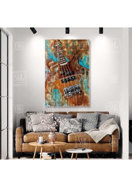 Eskitme Boya Efektli Bas Gitar Kahve Turkuaz Mavi Tonlar Dikey Kanvas Tablo