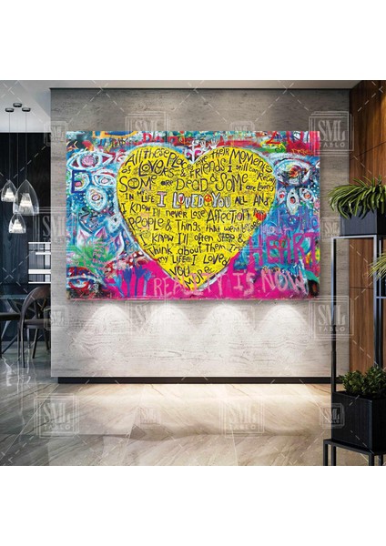 Banksy Duvar Sanatı I Love You Sarı Kalp Seni Seviyorum Modern Yatay Kanvas Tablo