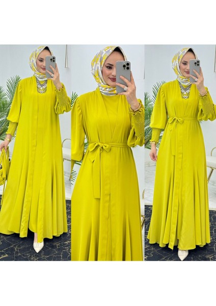 Birinci Kalite Medine Ipeği Kumaştan Kemerli Abaya ve Içlik Elbise Şahane Ikili Takım fiyatları