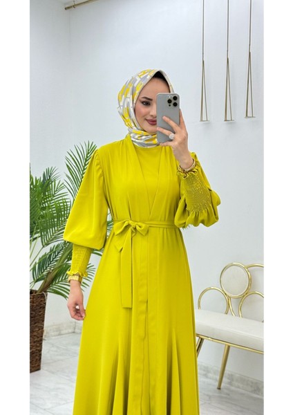 Birinci Kalite Medine Ipeği Kumaştan Kemerli Abaya ve Içlik Elbise Şahane Ikili Takım modelleri