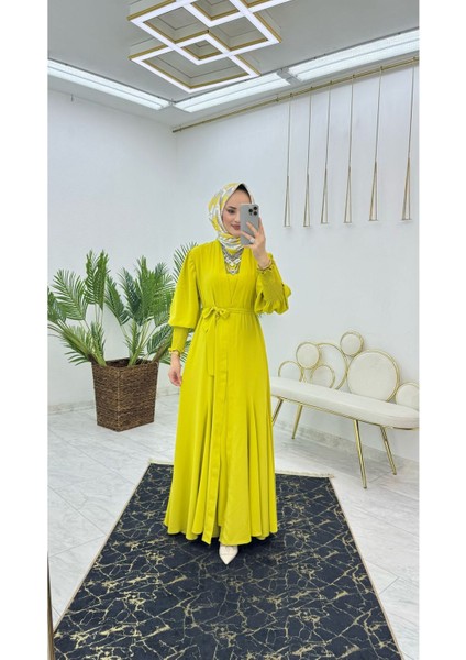 Birinci Kalite Medine Ipeği Kumaştan Kemerli Abaya ve Içlik Elbise Şahane Ikili Takım fırsatları