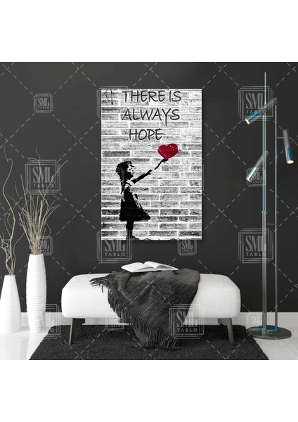 There Is Always Hope Banksy Kırmızı Balon Tutan Kız Tuğla Duvar Dikey Kanvas Tablo