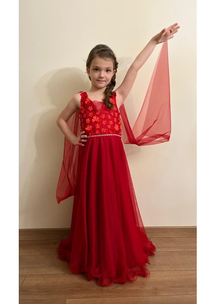 Melek Model Kız Çocuk Abiye Kırmızı