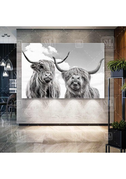 Boynuzlu Inekler Çiftlik Yaşamı Cows Yatay Kanvas Tablo