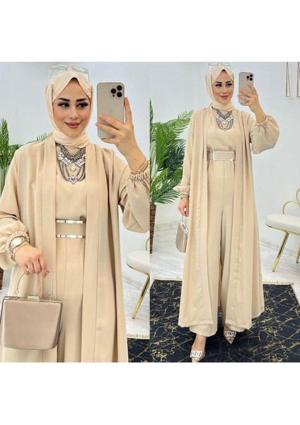 Birinci Sınıf Premium Çift Taraflı Dubai Krep Kumaş Tulumlu Abaya Takım