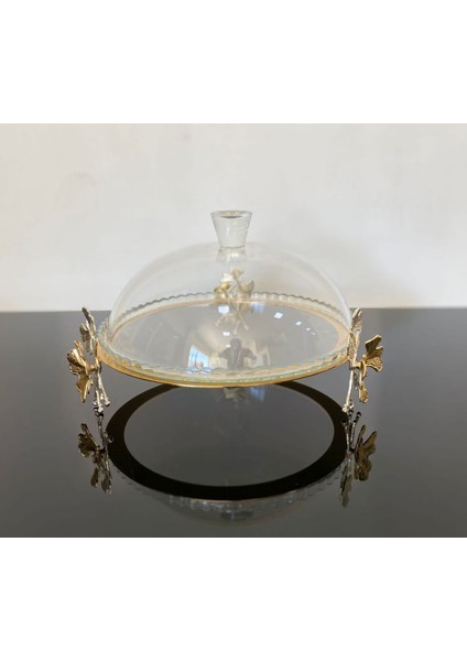 Kelebek Döküm Ayaklı Kek Fanusu Servis & Sunumluk 32 cm Gold Özel Kaplama