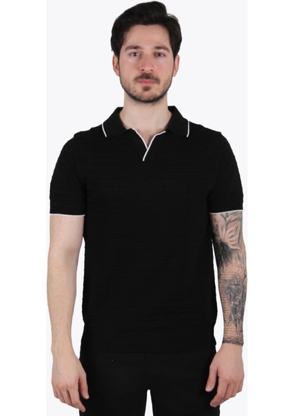 66530 Kendinden Şeritli Triko Polo Yaka T-Shirt