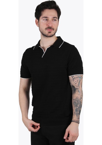 66530 Kendinden Şeritli Triko Polo Yaka T-Shirt