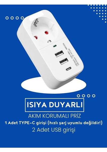 FTR017 3 in 1 Termal Akım Korumalı 2 Usb-A 1 Soket 3680W 1 Pd Type-C Çoklayıcı Priz