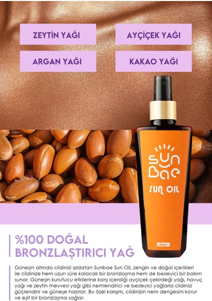 Sun Oil %100 Doğal Nemlendiren Bronzlaştırıcı Yağ 150ml Havuç Kakao Argan Avokado Hindistan Cevizi