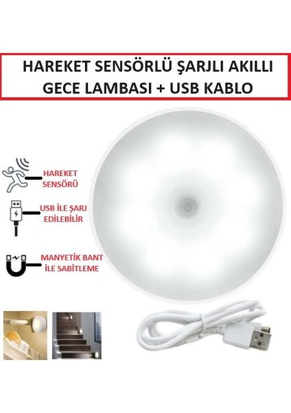 Gece Lambası Hareket Sensörlü Akıllı USB Şarjlı LED Işık Lamba Ev Oda Mutfak Dolap Işığı