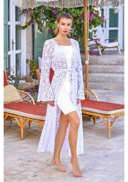 Mayo Üzerine Önü Açık Örme Fisto Kimono Pareo Lemy 6120 Beyaz fiyatları