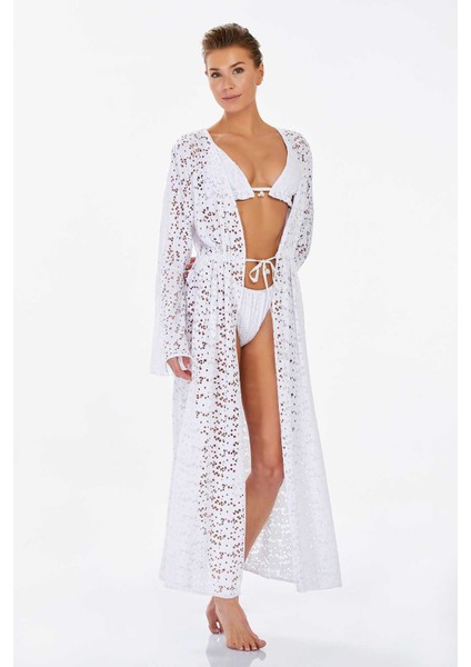 Mayo Üzerine Önü Açık Örme Fisto Kimono Pareo Lemy 6120 Beyaz indirimleri
