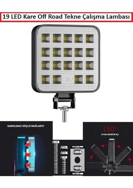 19 LED Kare Off Road Tekne Çalışma Lambası Spot Lambası Işık Araba 6500K