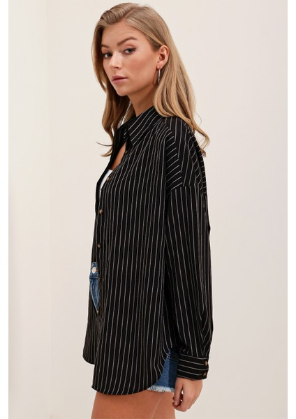 Kadın Siyah Beyaz Çizgili Oversize Uzun Basic Gömlek 3900
